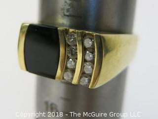 Men's 14K Yellow Gold Ring with Face of Onyx and 2 Rows of Channel Set Diamonds; total weight 10g