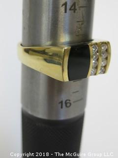 Men's 14K Yellow Gold Ring with Face of Onyx and 2 Rows of Channel Set Diamonds; total weight 10g