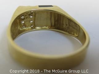 Men's 14K Yellow Gold Ring with Face of Onyx and 2 Rows of Channel Set Diamonds; total weight 10g