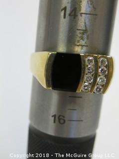 Men's 14K Yellow Gold Ring with Face of Onyx and 2 Rows of Channel Set Diamonds; total weight 10g