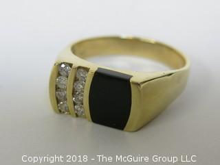 Men's 14K Yellow Gold Ring with Face of Onyx and 2 Rows of Channel Set Diamonds; total weight 10g