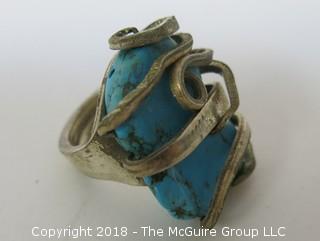 Large Asymmetrical Sterling and Turquoise Ring; unsized