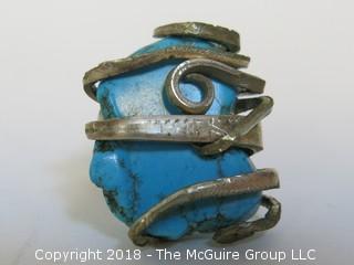 Large Asymmetrical Sterling and Turquoise Ring; unsized