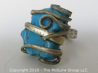 Large Asymmetrical Sterling and Turquoise Ring; unsized