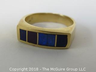 14K Yellow Gold Men's Ring with Gemstone Inlays; total weight 12g