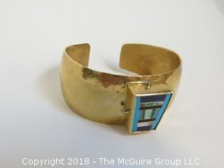 14K Yellow Gold Hammered Cuff Bracelet with Raised Trapezoidal Geometric Inlay Including Turquoise, Opal and Malacite; Surrounded on Vertical Surfaces by Diamonds; total weight 92g  