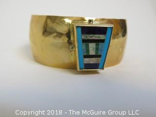 14K Yellow Gold Hammered Cuff Bracelet with Raised Trapezoidal Geometric Inlay Including Turquoise, Opal and Malacite; Surrounded on Vertical Surfaces by Diamonds; total weight 92g  