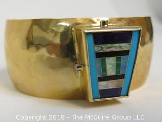 14K Yellow Gold Hammered Cuff Bracelet with Raised Trapezoidal Geometric Inlay Including Turquoise, Opal and Malacite; Surrounded on Vertical Surfaces by Diamonds; total weight 92g  