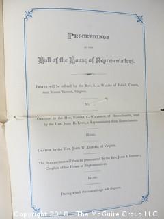 Original 1885 Official Invitation to the Dedication of the Washington Monument; 2 documents (should inspect) Historically important piece of U.S history. The invitation is entitled Ceremonies on the completion of the Washington Monument, Capitol, Washington, D.C. .... Signed by Chairman of the Commission, John Sherman. Program is unused. Steel engraved (government) on thick card stock. The Program is entitled Order of proceedings adopted by the Congressional Commission for the dedication of the Washington Monument, February 21, 1885. [12 pages]. 