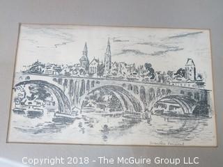 Original Black and White Framed Print of Key Bridge and Georgetown, WDC; by local artist, Marlin Fenical, signed.   