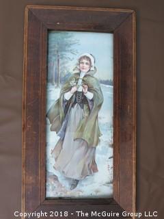 Framed Print of young Lady; in old wooden frame; image size 5 x 12"