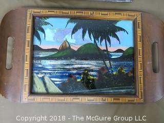 Painted wooden box and tray set; image depicts Rio; tray 8 x 14"; box 6 x 8 x 4"T