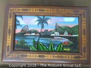 Painted wooden box and tray set; image depicts Rio; tray 8 x 14"; box 6 x 8 x 4"T