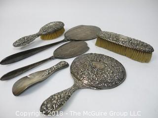 6 Piece Repousse Sterling Vanity Set (reinforced); total weight 1006g