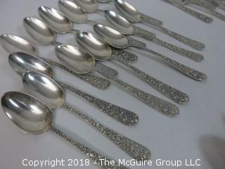 84 Piece Steiff Repoussee Sterling Flatware Cutlery Set; total weight (excluding knives); 2900g (8 teaspoons, 6 oversized dinner service spoons, 3 elongated dinner service spoons, 6 butter knives, 4 serving spoons, 7 large soup spoons, 6 small soup spoons, 5 tablespoons, 1 ladle, 4 cocktail spoons, 8 dinner knives, 8 dinner forks, 8 dinner spoons, 8 meat forks, 4 pickle forks)