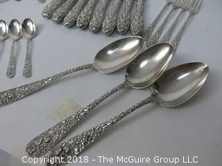 84 Piece Steiff Repoussee Sterling Flatware Cutlery Set; total weight (excluding knives); 2900g (8 teaspoons, 6 oversized dinner service spoons, 3 elongated dinner service spoons, 6 butter knives, 4 serving spoons, 7 large soup spoons, 6 small soup spoons, 5 tablespoons, 1 ladle, 4 cocktail spoons, 8 dinner knives, 8 dinner forks, 8 dinner spoons, 8 meat forks, 4 pickle forks)