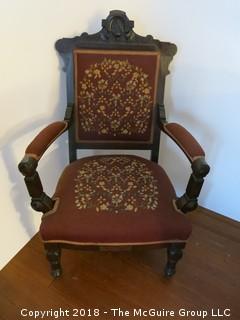 Late 19th c Eastlake Arm Chair with Needlepoint Back and Seat; 27 1/2"W x 41"T