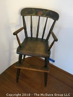 Antique Wooden High Chair with Stenciled Crest; seat height 22 1/2 x 34T 