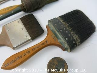 Collection of vintage paint brushes, decorative bronze powder, metal feathering tool, and 24K gold (Note: description altered 12.31.2018 at 1:13pm ET) 