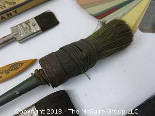 Collection of vintage paint brushes, decorative bronze powder, metal feathering tool, and 24K gold (Note: description altered 12.31.2018 at 1:13pm ET) 