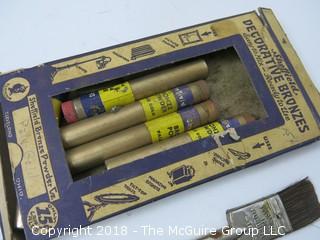 Collection of vintage paint brushes, decorative bronze powder, metal feathering tool, and 24K gold (Note: description altered 12.31.2018 at 1:13pm ET) 