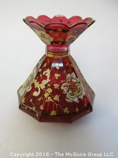 Mont Joye Antique Art Nouveau French Cranberry w/Top (damaged); glass carafe w/heavy gold enamel