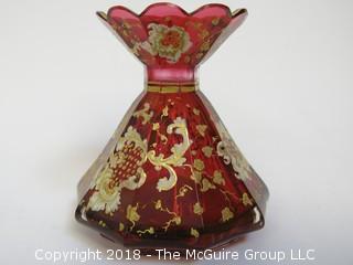 Mont Joye Antique Art Nouveau French Cranberry w/Top (damaged); glass carafe w/heavy gold enamel