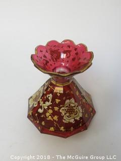 Mont Joye Antique Art Nouveau French Cranberry w/Top (damaged); glass carafe w/heavy gold enamel