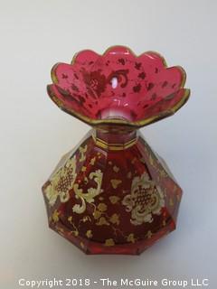 Mont Joye Antique Art Nouveau French Cranberry w/Top (damaged); glass carafe w/heavy gold enamel