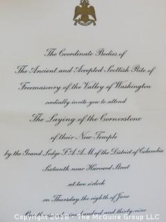 1939 Free Masons Official Invite to the Laying of the Cornerstone of their building at 16th the corner of 16th and Harvard St NW, WDC (Scottish Rites Temple)