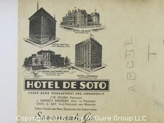 Collection of Ephemera including Riverside Hotel stationary, Hotel De Soto and 1915 USPS letter 