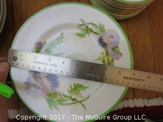 94 piece Royal Doulton "Glamis Thistle" pattern china; includes 12 dinner plates, 12 salad plates, 12 small plates, 16 side plates, 11 bowls, 2 platters, 3 demi tasse cups/saucers, 14 cups/saucers, tea pot, cream and sugar, 9 additional pieces  