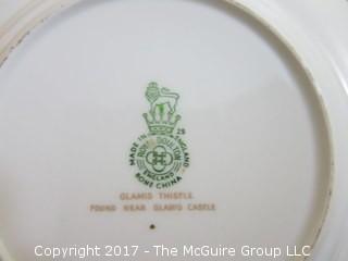 94 piece Royal Doulton "Glamis Thistle" pattern china; includes 12 dinner plates, 12 salad plates, 12 small plates, 16 side plates, 11 bowls, 2 platters, 3 demi tasse cups/saucers, 14 cups/saucers, tea pot, cream and sugar, 9 additional pieces  