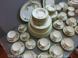 94 piece Royal Doulton "Glamis Thistle" pattern china; includes 12 dinner plates, 12 salad plates, 12 small plates, 16 side plates, 11 bowls, 2 platters, 3 demi tasse cups/saucers, 14 cups/saucers, tea pot, cream and sugar, 9 additional pieces  