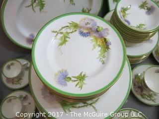 94 piece Royal Doulton "Glamis Thistle" pattern china; includes 12 dinner plates, 12 salad plates, 12 small plates, 16 side plates, 11 bowls, 2 platters, 3 demi tasse cups/saucers, 14 cups/saucers, tea pot, cream and sugar, 9 additional pieces  