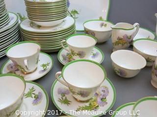 94 piece Royal Doulton "Glamis Thistle" pattern china; includes 12 dinner plates, 12 salad plates, 12 small plates, 16 side plates, 11 bowls, 2 platters, 3 demi tasse cups/saucers, 14 cups/saucers, tea pot, cream and sugar, 9 additional pieces  