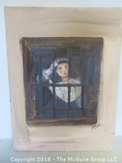 Maiden in Window; Oil on Canvas, signed lower right, image size 8 x 24"