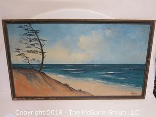 Framed Seascape from Shore; signed lower right; painted on Artists Board; image size 19 1/2 x 35 1/2"