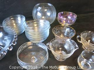 Collection of glassware including hobnail style clear glass bowl 