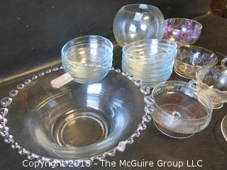 Collection of glassware including hobnail style clear glass bowl 