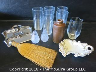 Collection of housewares including mid-century ribbed tumblers