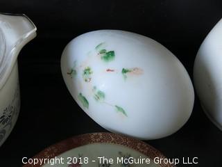 Collection including Corningware covered pot, etched glass hurricane shade and large hand painted egg