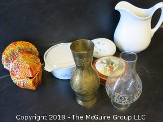 Collection including Corningware covered pot, etched glass hurricane shade and large hand painted egg