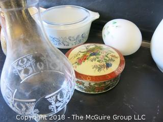 Collection including Corningware covered pot, etched glass hurricane shade and large hand painted egg