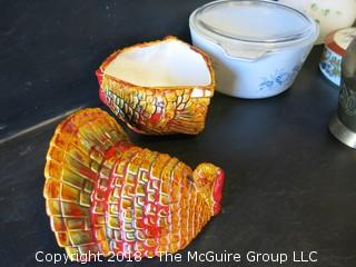 Collection including Corningware covered pot, etched glass hurricane shade and large hand painted egg