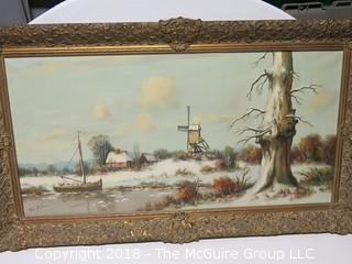 Famed Original Oil on Canvas Dutch Landscape; signed lower left by the artist, Anton Muller; image size 18 x 34"