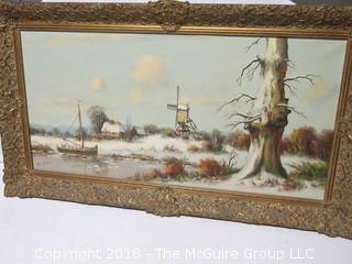 Famed Original Oil on Canvas Dutch Landscape; signed lower left by the artist, Anton Muller; image size 18 x 34"