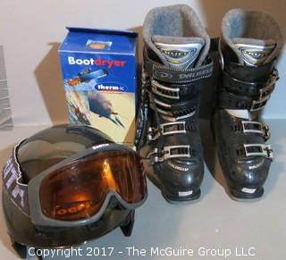 Ski Package: skis, bindings, boots (8 1/2 - 9), boot dryer, pants, googles, helmet, travel bag