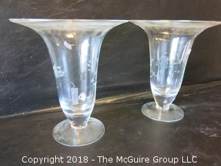 Pair of Etched Glass Vases; 7"T ; rim diameter 4 1/2"