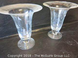 Pair of Etched Glass Vases; 7"T ; rim diameter 4 1/2"